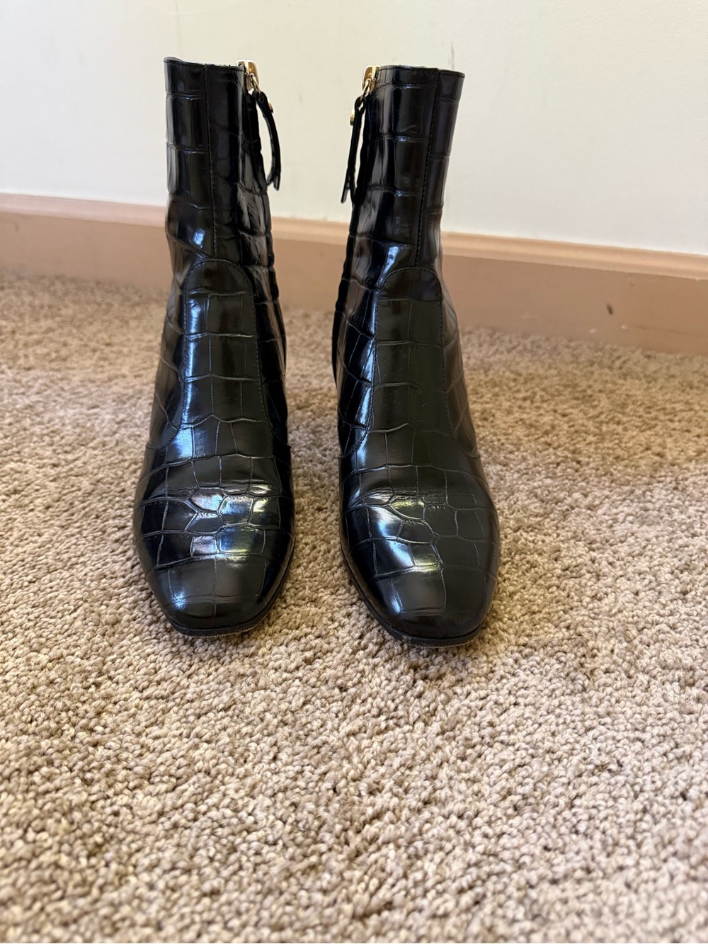 Croc-Embossed Patent Ankle Boots in Black